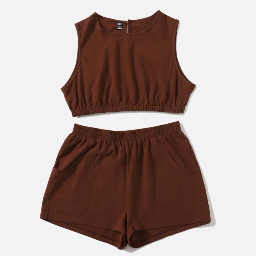 SHEIN Brown Linen Two Piece Crop Top Shorts Lounge Set 2X